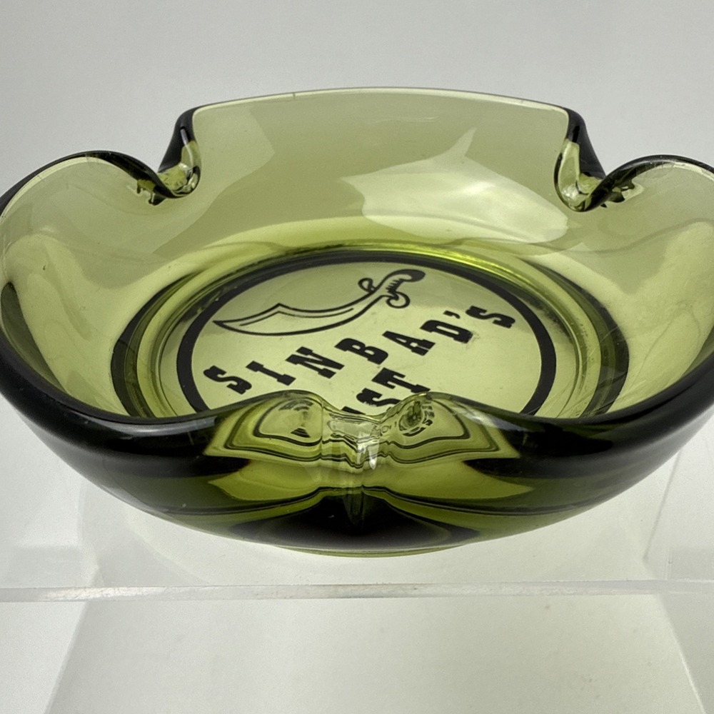 MCM Vintage AVOCADO GREEN Ruffled Edge 3 Slot Glass Ashtray Sinbads West - Picture 4 of 4